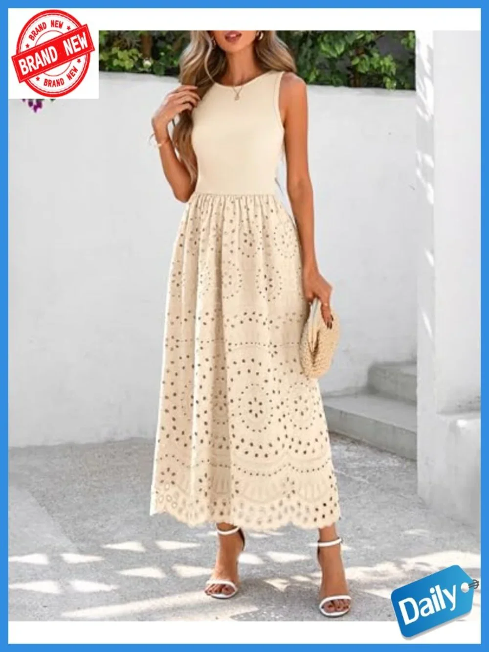 Sleeveless Crewneck A-Line Boho Lace Eyelet Cotton Tank Maxi Dress with Pockets